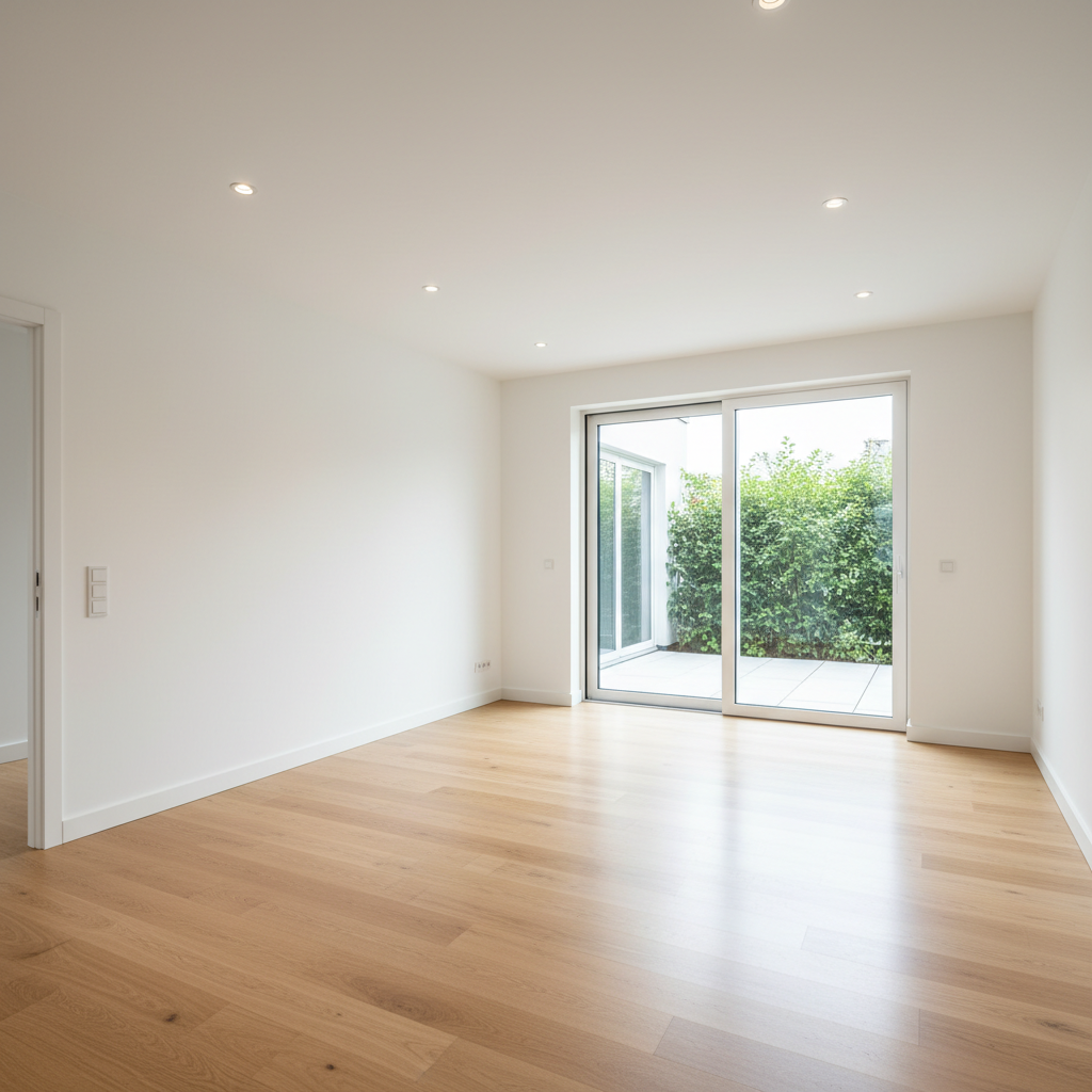 A bright, fully renovated open-plan interior space with pristine white plastered walls, perfectly aligned recessed LED spotlights in a smooth ceiling, and a continuous light-oak engineered wood floor running seamlessly from one room to another. A newly installed, large double-glazed sliding glass door opens onto a small, manicured terrace, filling the room with diffused midday natural light. The photographic image is captured from an eye-level perspective, using a wide-angle lens to show the clean lines, perfect wall junctions, and millimeter-precise finishing around baseboards and door frames. Subtle reflections on the glass and floor add depth. The mood is clean, modern, and professional, conveying high-end interior renovation quality suitable for demanding private and corporate clients.